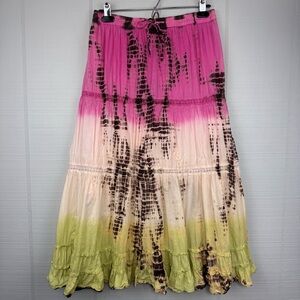 Kaktus Pink Green Tie Dye Ombré Midi Tiered Skirt Boho Hippie Fairy Cottagecore